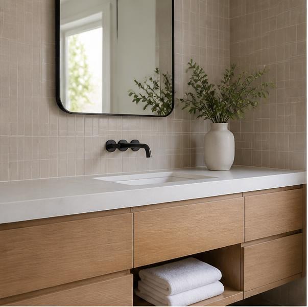Warm neutral tile and floating vanity in a modern bathroom