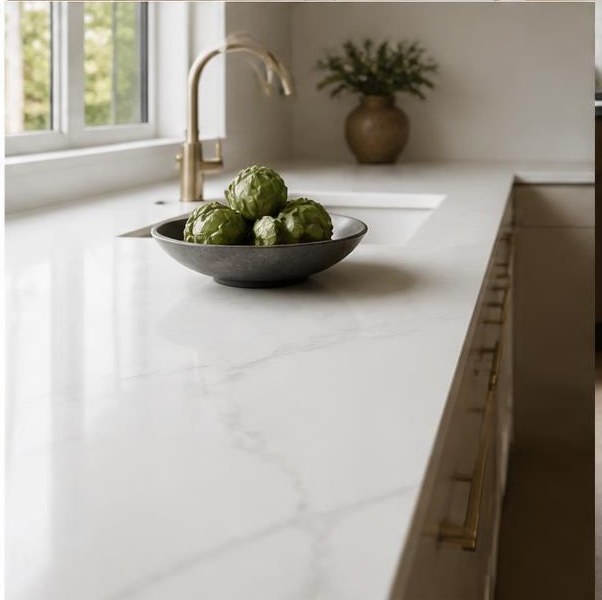 Pale quartz countertop beside a kitchen window