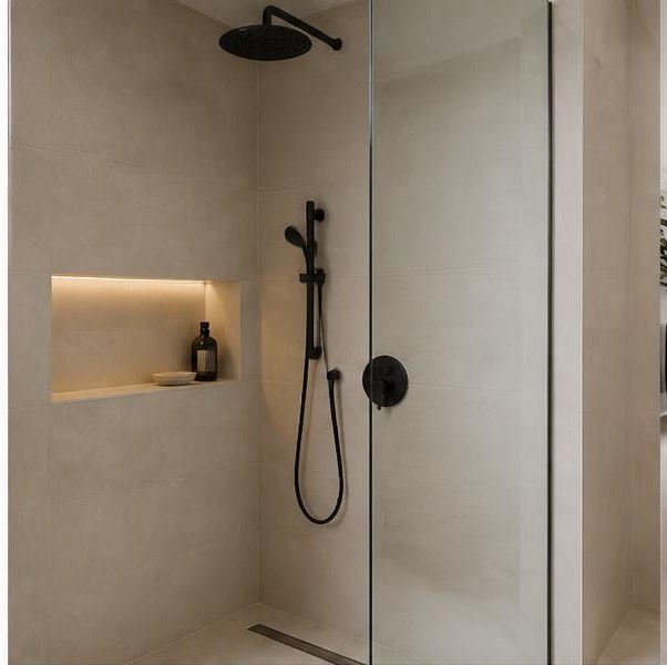 Large-format tiled shower with recessed niche